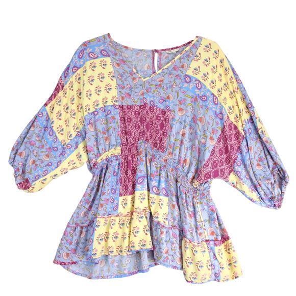 Cato Floral Patchwork Rayon Peasant Blouse Top Women's 2X Plus Dolman Slv Tiered - Picture 1 of 10